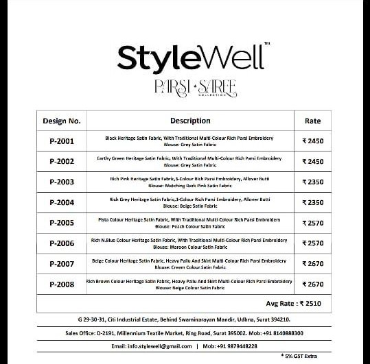 Parsi Saree By Stylewell 2001 To 2008 Series Indian Traditional Wear Collection Beautiful Stylish Fancy Colorful Party Wear & Occasional Wear Heritage Satin Digital Printed Sarees At Wholesale Price