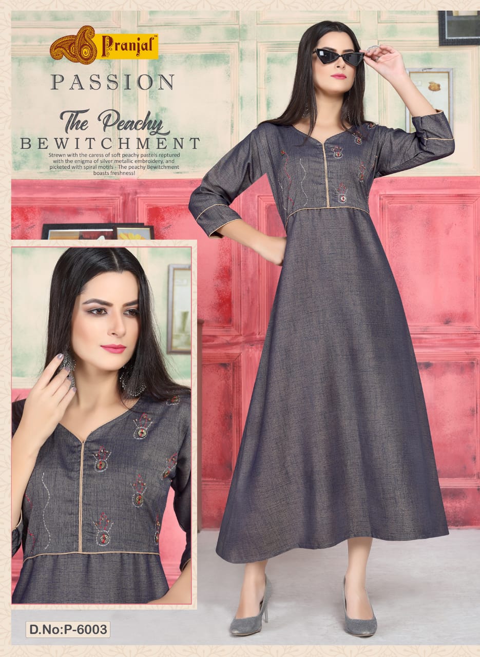 Passion Vol-6 By Pranjal 6001 To 6005 Series Beautiful Stylish Colorful Fancy Party Wear & Ethnic Wear & Ready To Wear Rayon 2 Tone Slub Kurtis At Wholesale Price