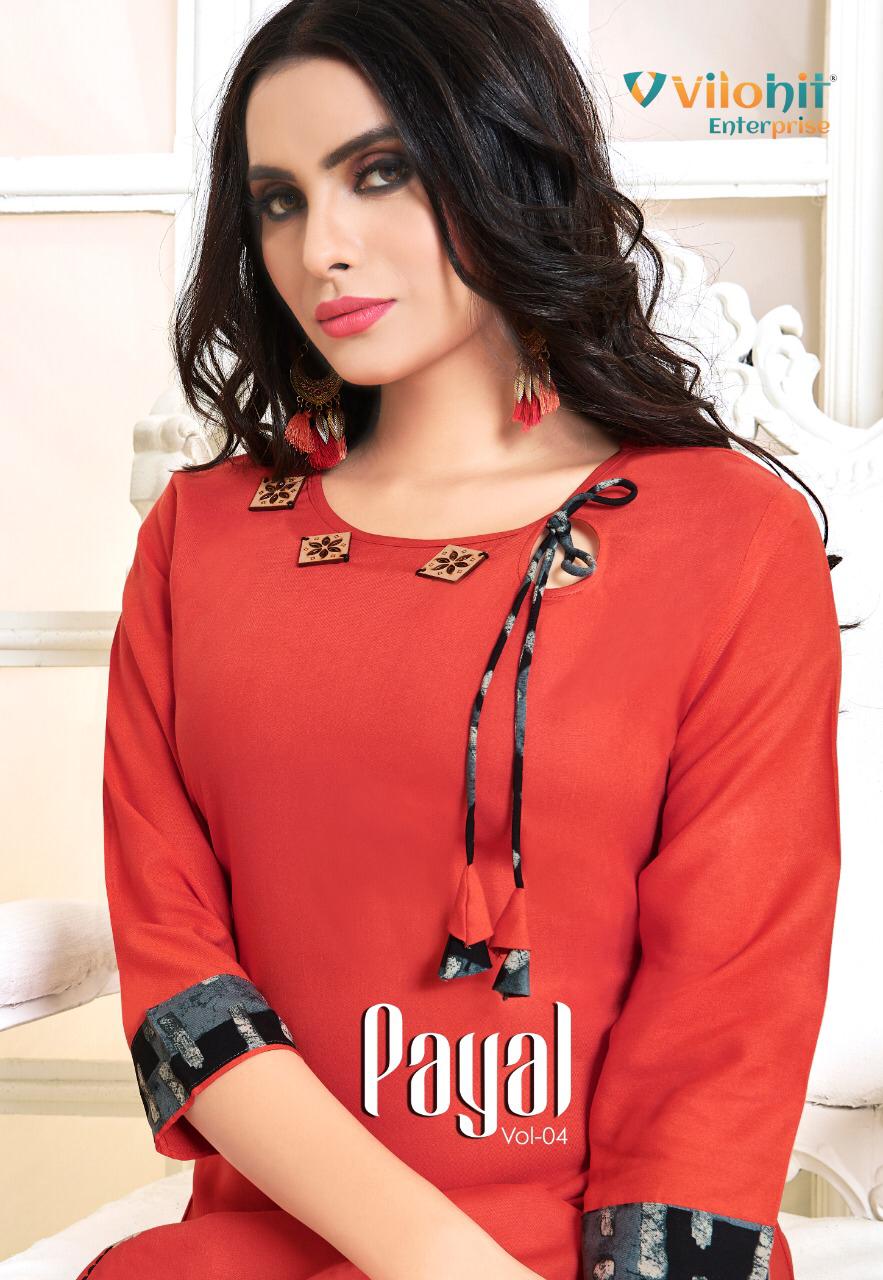 Payal Vol-4 By Vilohit Enterprise 4001 To 4007 Series Indian Traditional Wear Collection Beautiful Stylish Fancy Colorful Party Wear & Occasional Wear Heavy Rayon Printed Kurtis At Wholesale Price
