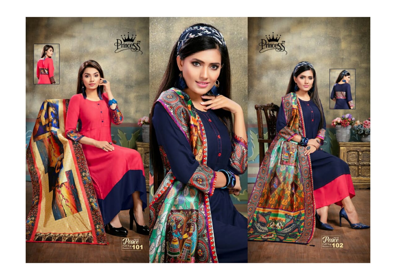 Peace By Princess 1001 To 1012 Series Beautiful Colorful Stylish Fancy Casual Wear & Ethnic Wear & Ready To Wear Heavy Rayon Slub Kurtis With Dupatta At Wholesale Price