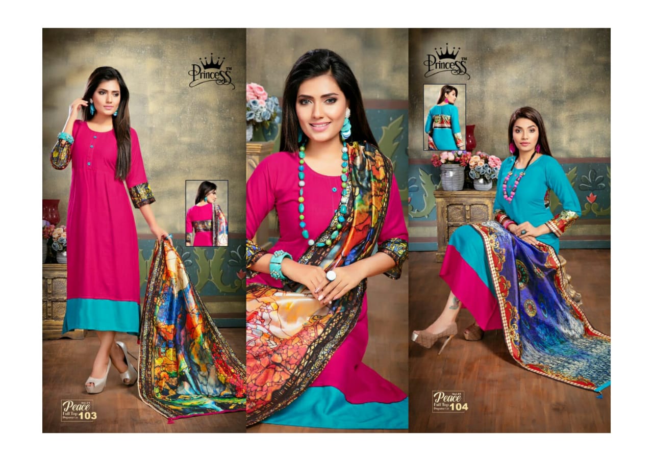 Peace By Princess 1001 To 1012 Series Beautiful Colorful Stylish Fancy Casual Wear & Ethnic Wear & Ready To Wear Heavy Rayon Slub Kurtis With Dupatta At Wholesale Price