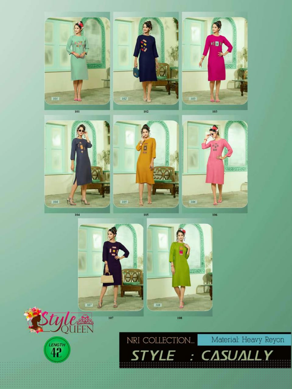 Peacee By Style Queen 101 To 108 Series Beautiful Stylish Colorful Fancy Party Wear & Ethnic Wear & Ready To Wear Heavy Rayon Printed Kurtis At Wholesale Price