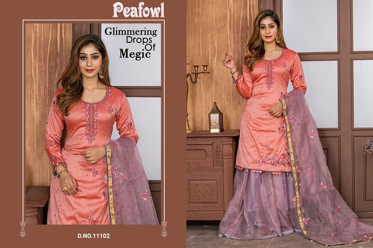 Peafowl Vol-33 By Peafowl 11101 To 11106 Series Designer Sharara Suits Collection Beautiful Stylish Fancy Colorful Party Wear & Occasional Wear Zorba/ Malai Satin / Rangoli Dresses At Wholesale Price
