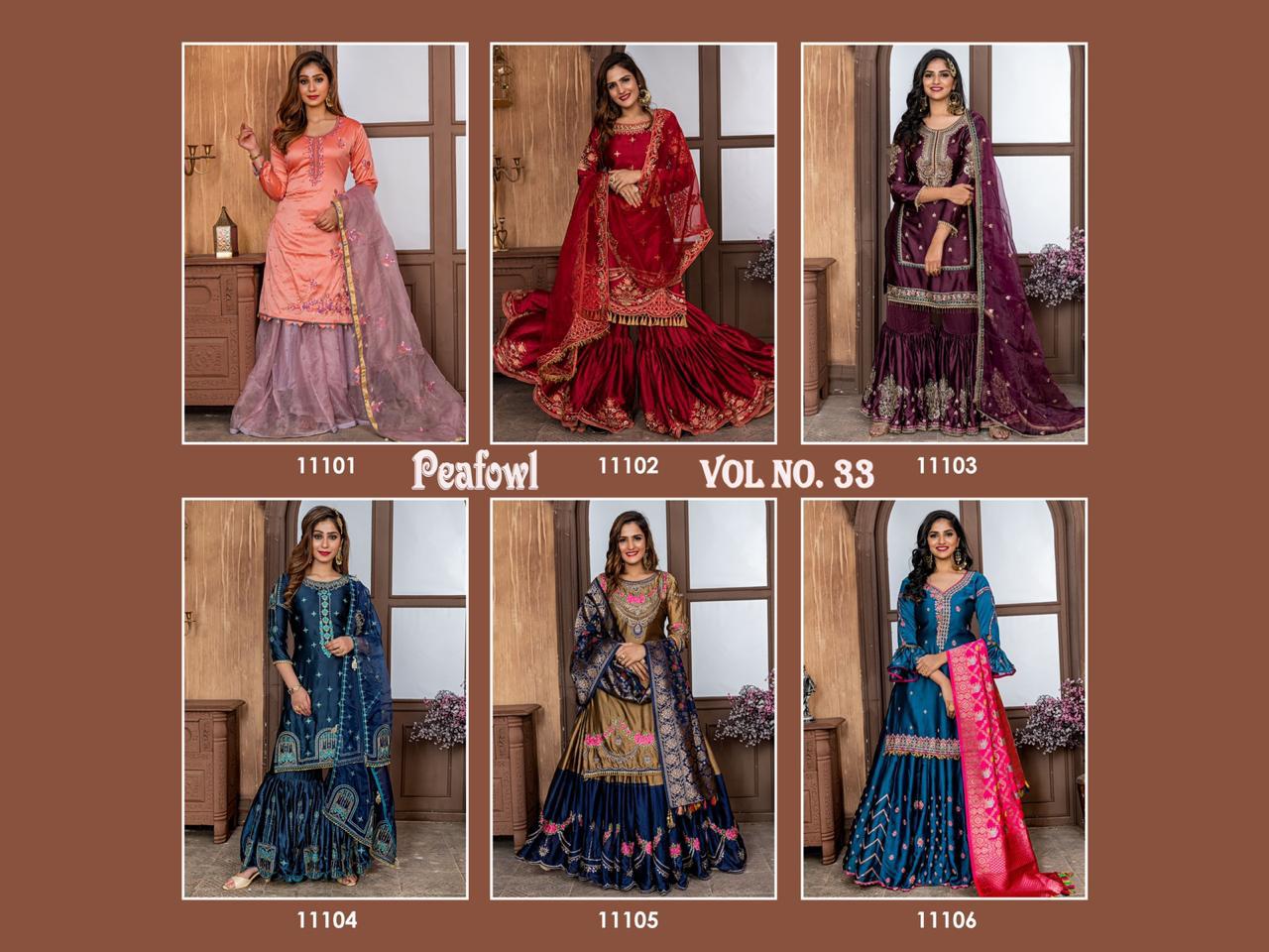 Peafowl Vol-33 By Peafowl 11101 To 11106 Series Designer Sharara Suits Collection Beautiful Stylish Fancy Colorful Party Wear & Occasional Wear Zorba/ Malai Satin / Rangoli Dresses At Wholesale Price
