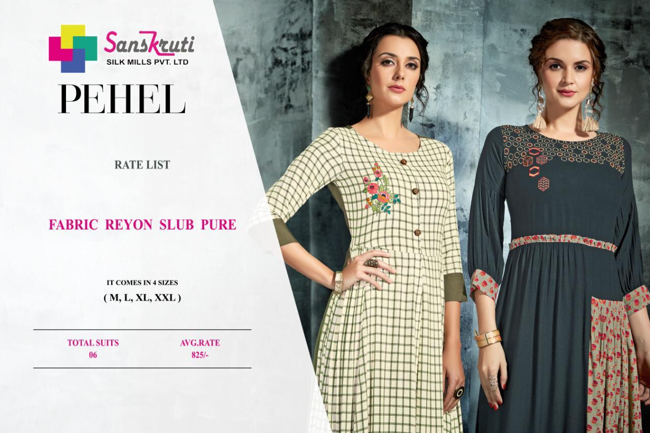 Pehel By Sanskruti Silk Mill 174 To 179 Series Beautiful Colorful Stylish Fancy Casual Wear & Ethnic Wear & Ready To Wear Rayon Slub Like Embroidered Kurtis At Wholesale Price