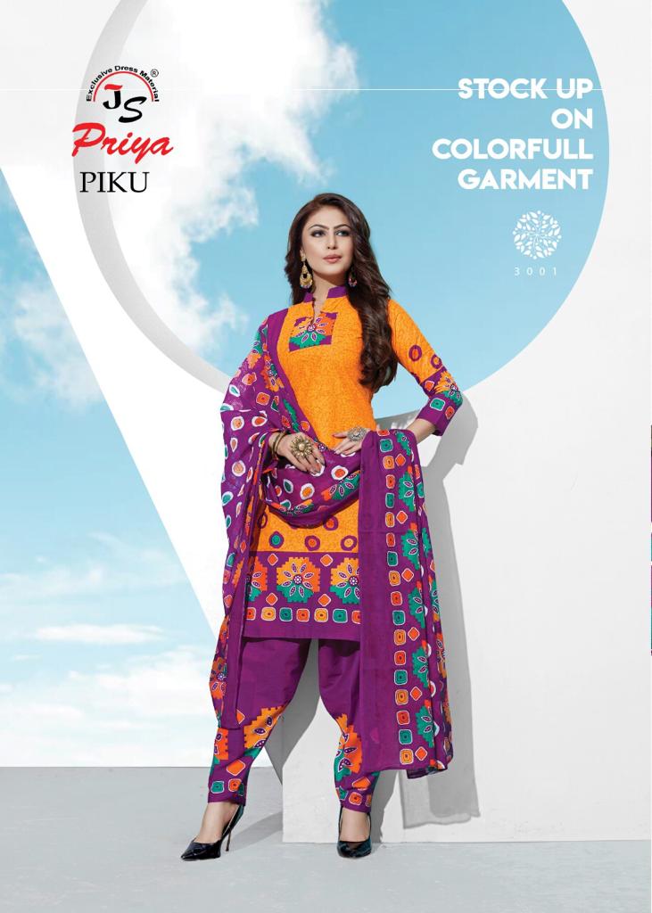 Piku Vol-3 By J S Priya 3001 To 3010 Series Beautiful Suits Stylish Fancy Colorful Party Wear & Ethnic Wear Cotton Printed Dresses At Wholesale Price