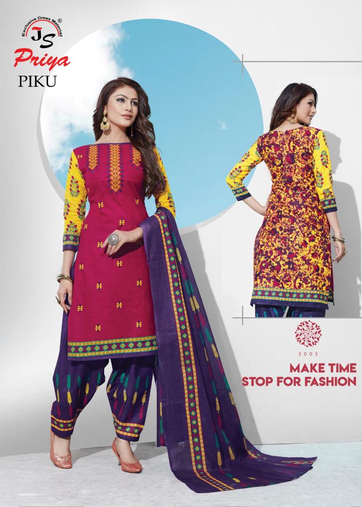 Piku Vol-3 By J S Priya 3001 To 3010 Series Beautiful Suits Stylish Fancy Colorful Party Wear & Ethnic Wear Cotton Printed Dresses At Wholesale Price