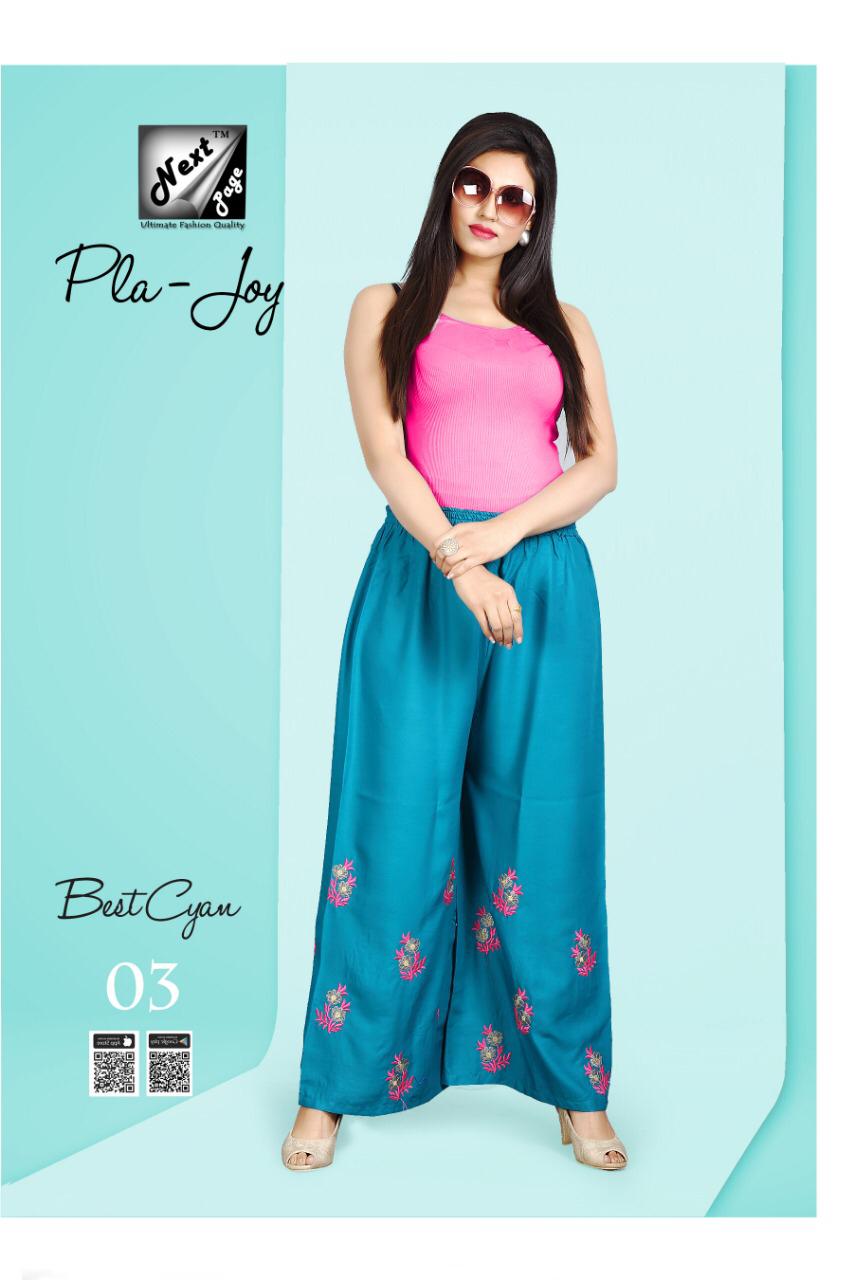 Pla Joy By Next Page 01 To 10 Series Beautiful Colorful Stylish Fancy Casual Wear & Ethnic Wear & Ready To Wear Heavy Rayon Embroidered Pants At Wholesale Price