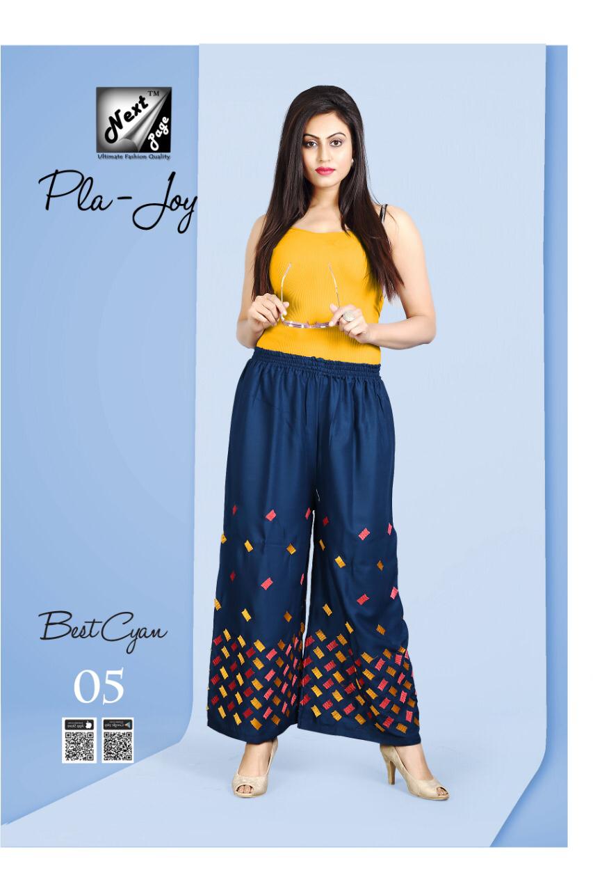 Pla Joy By Next Page 01 To 10 Series Beautiful Colorful Stylish Fancy Casual Wear & Ethnic Wear & Ready To Wear Heavy Rayon Embroidered Pants At Wholesale Price