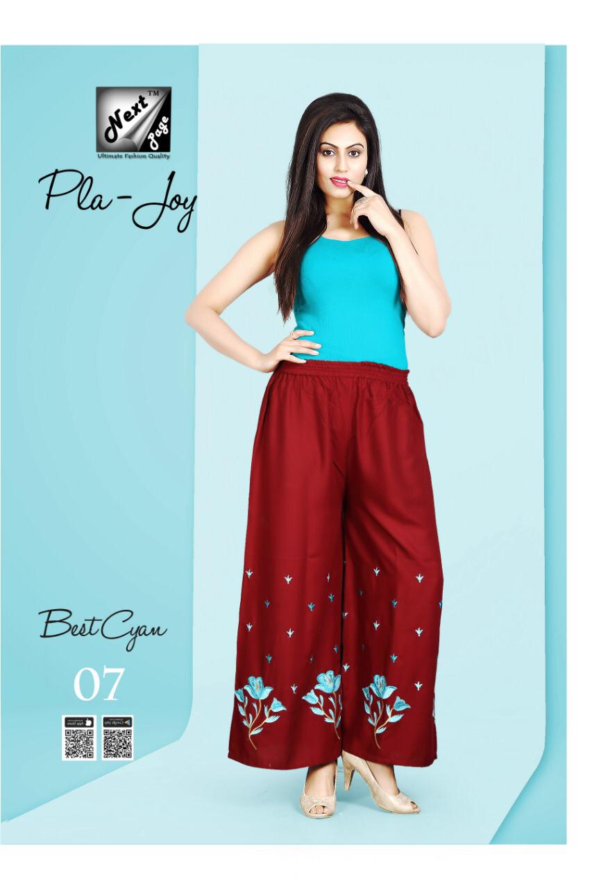 Pla Joy By Next Page 01 To 10 Series Beautiful Colorful Stylish Fancy Casual Wear & Ethnic Wear & Ready To Wear Heavy Rayon Embroidered Pants At Wholesale Price