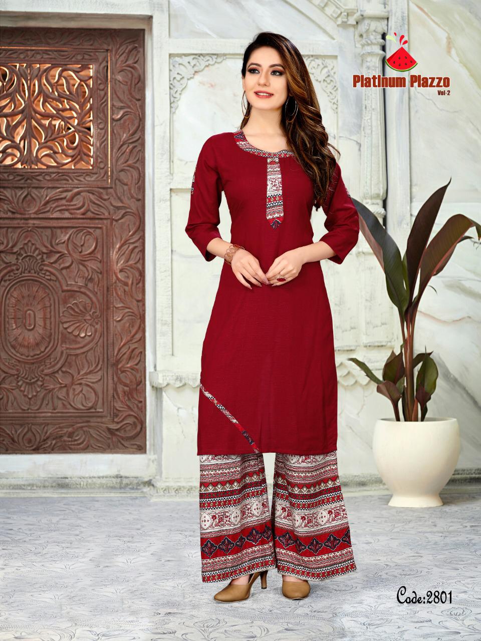 Platinum Palazzo Vol-2 By Watermelon 2801 To 2808 Series Beautiful Colorful Stylish Fancy Casual Wear & Ethnic Wear & Ready To Wear Heavy Rayon Slub Print Kurtis With Palazzo At Wholesale Price