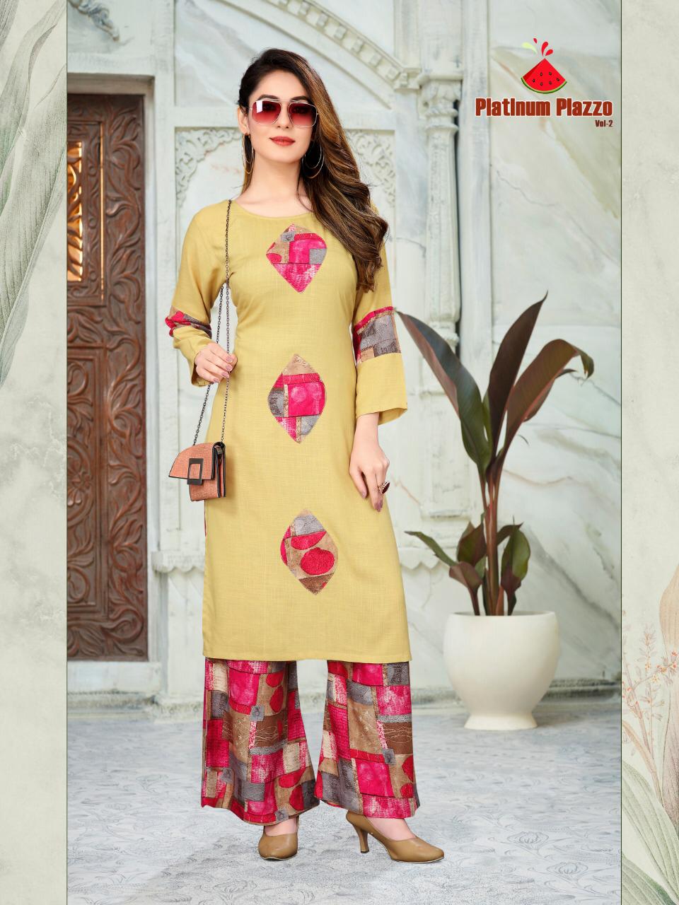 Platinum Palazzo Vol-2 By Watermelon 2801 To 2808 Series Beautiful Colorful Stylish Fancy Casual Wear & Ethnic Wear & Ready To Wear Heavy Rayon Slub Print Kurtis With Palazzo At Wholesale Price