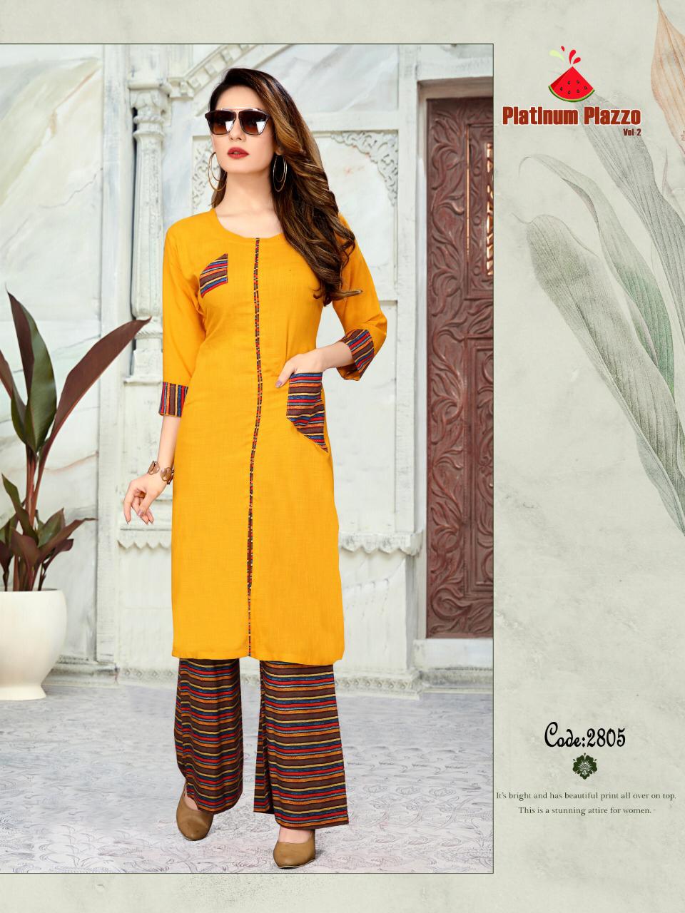 Platinum Palazzo Vol-2 By Watermelon 2801 To 2808 Series Beautiful Colorful Stylish Fancy Casual Wear & Ethnic Wear & Ready To Wear Heavy Rayon Slub Print Kurtis With Palazzo At Wholesale Price