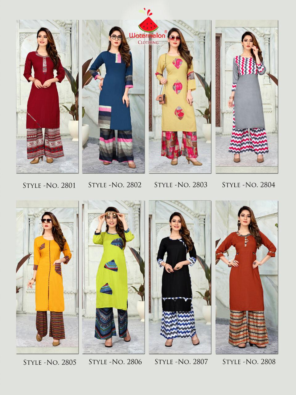 Platinum Palazzo Vol-2 By Watermelon 2801 To 2808 Series Beautiful Colorful Stylish Fancy Casual Wear & Ethnic Wear & Ready To Wear Heavy Rayon Slub Print Kurtis With Palazzo At Wholesale Price
