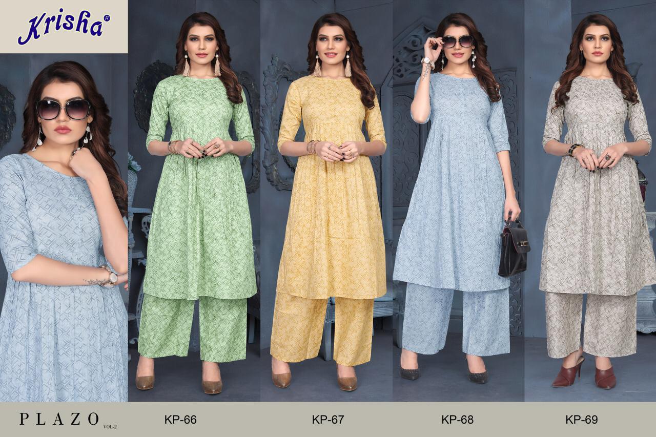 Plazo Vol-2 By Krisha 66 To 69 Series Stylish Fancy Beautiful Colorful Casual Wear & Ethnic Wear Heavy Cotton Print Kurtis With Cotton Print Palazzo At Wholesale Price