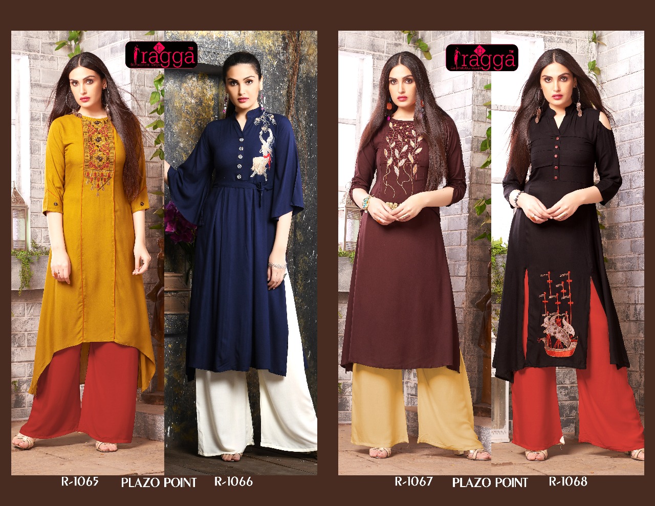 Plazo Point By Ragga 1065 To 1068 Series Beautiful Stylish Colorful Fancy Party Wear & Ethnic Wear & Ready To Wear Rayon Embroidered Kurtis & Palazzos At Wholesale Price