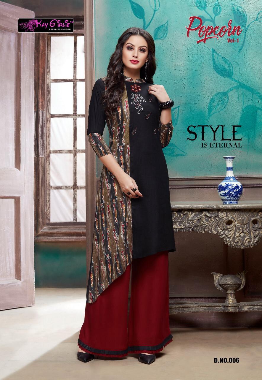 Popcorn Vol-1 By Kaygirlie 001 To 006 Series Beautiful Colorful Stylish Fancy Casual Wear & Ethnic Wear & Ready To Wear Heavy Rayon Kurtis & Palazzos At Wholesale Price