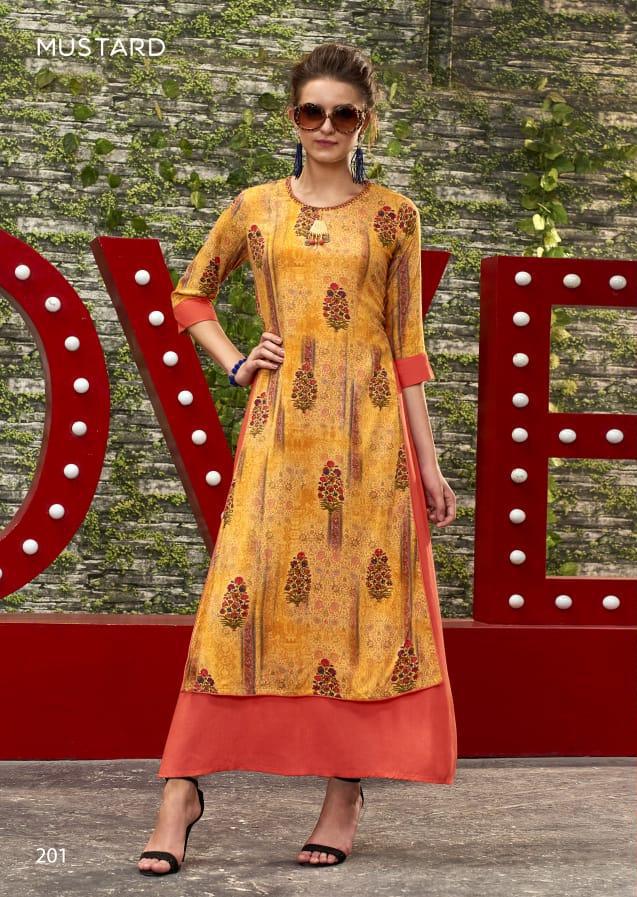 Poster Launch By Mustard 201 To 205 Series Designer Beautiful Stylish Fancy Colorful Party Wear & Ethnic Wear Muslin Silk & Rayon Slub Kurtis At Wholesale Price