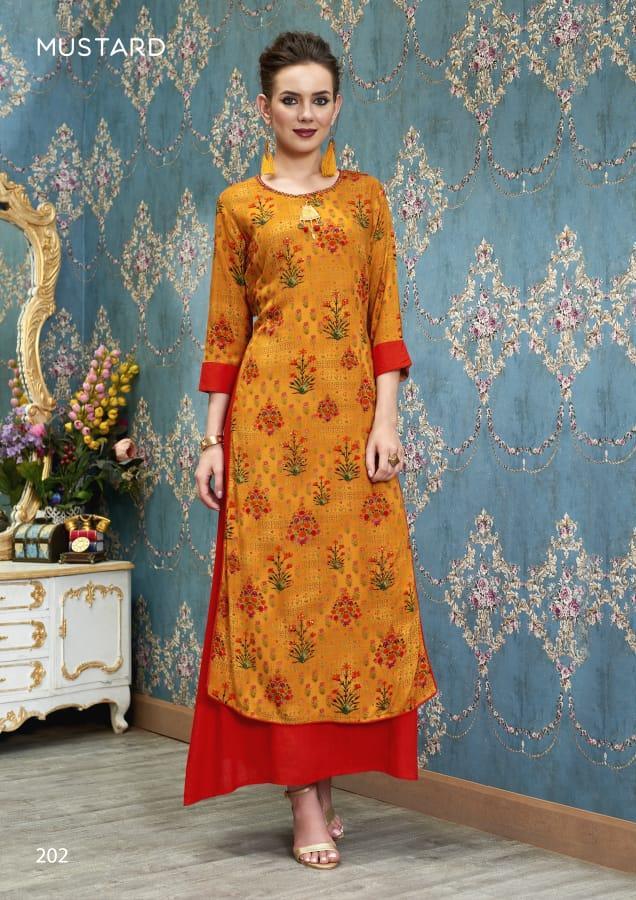 Poster Launch By Mustard 201 To 205 Series Designer Beautiful Stylish Fancy Colorful Party Wear & Ethnic Wear Muslin Silk & Rayon Slub Kurtis At Wholesale Price