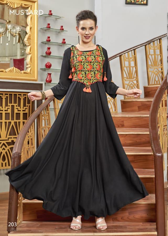 Poster Launch By Mustard 201 To 205 Series Designer Beautiful Stylish Fancy Colorful Party Wear & Ethnic Wear Muslin Silk & Rayon Slub Kurtis At Wholesale Price