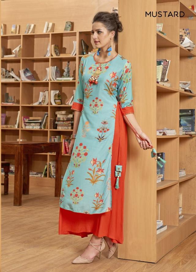 Poster Launch By Mustard 201 To 205 Series Designer Beautiful Stylish Fancy Colorful Party Wear & Ethnic Wear Muslin Silk & Rayon Slub Kurtis At Wholesale Price