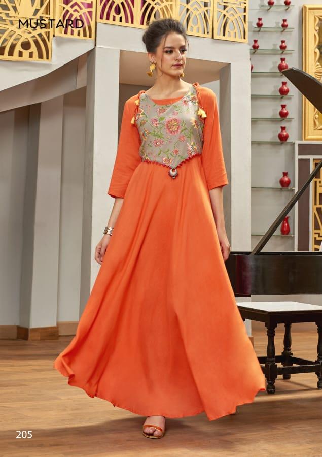 Poster Launch By Mustard 201 To 205 Series Designer Beautiful Stylish Fancy Colorful Party Wear & Ethnic Wear Muslin Silk & Rayon Slub Kurtis At Wholesale Price