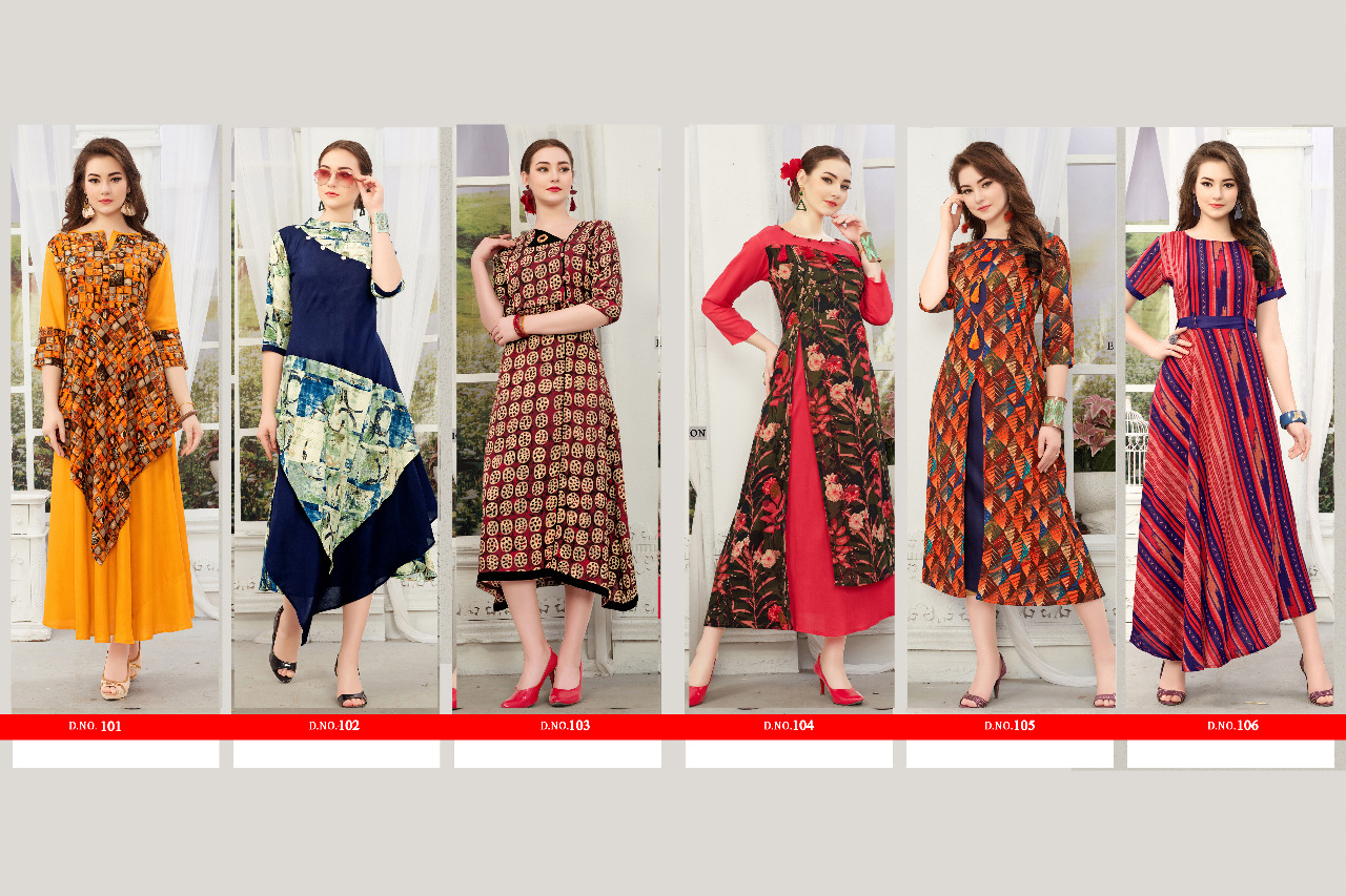 Prisha Vol-1 By Kajri Style 101 To 106 Series Beautiful Stylish Fancy Colorful Casual Wear & Ethnic Wear & Ready To Wear Rayon Dyed Kurtis At Wholesale Price