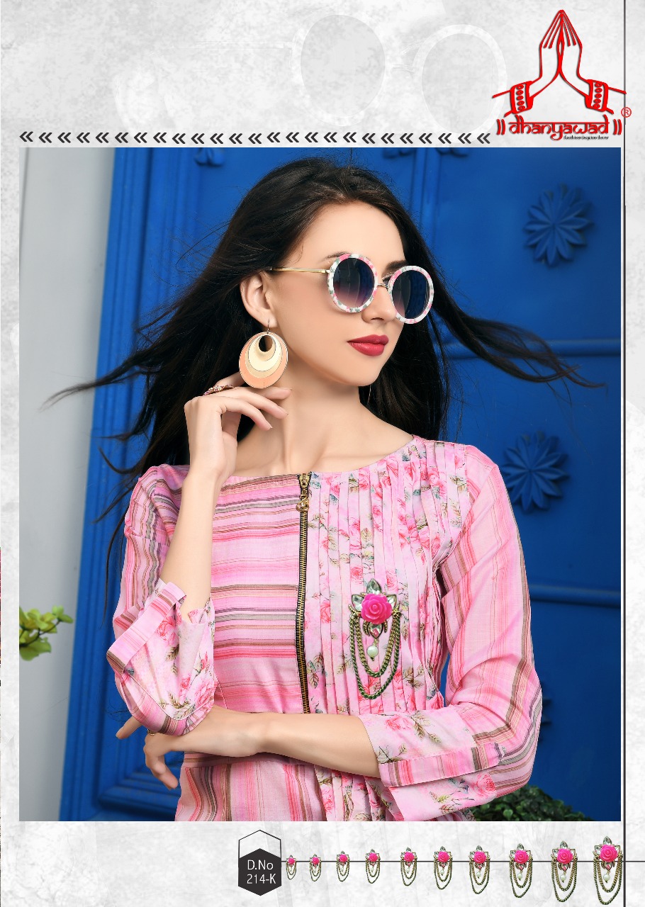 Prito By Dhanyawad 211 To 220 Series Beautiful Stylish Fancy Colorful Casual Wear & Ethnic Wear & Ready To Wear Rose Satin Slub Printed Kurtis At Wholesale Price