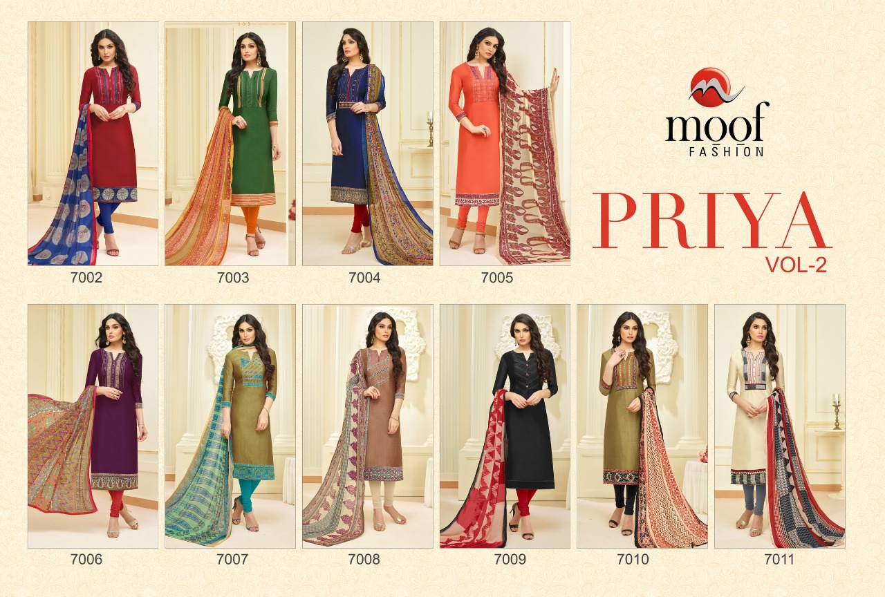 Priya Vol-2 By Moof Fashion 7002 To 7011 Series Beautiful Stylish Fancy Colorful Casual Wear & Ethnic Wear Collection Pure Modal Printed & Embroidered Dresses At Wholesale Price