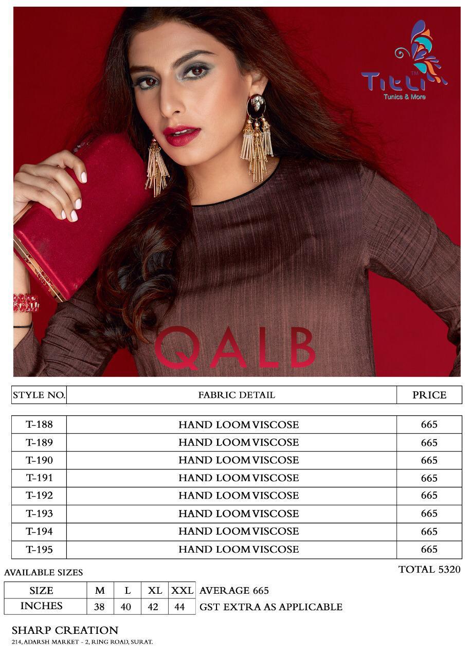 Qalb By Titli 189 To 195 Series Beautiful Colorful Stylish Fancy Party Wear & Ethnic Wear & Ready To Wear Hand Loom Viscose Kurtis At Wholesale Price