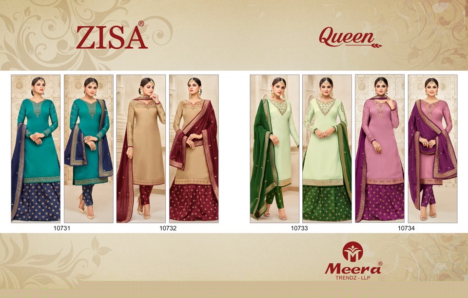 Zisa Queen By Meera Trendz 10731 To 10734 Series Beautiful Suits Stylish Fancy Colorful Casual Wear & Ethnic Wear Collection Satin Georgette Embroidered Dresses At Wholesale Price