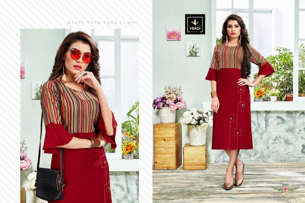 Queen By Vragi 8001 To 8008 Series Beautiful Colorful Stylish Fancy Casual Wear & Ethnic Wear & Ready To Wear Heavy Rayon Printed Kurtis At Wholesale Price