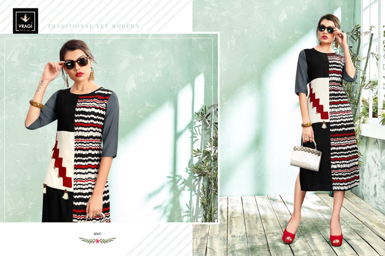 Queen By Vragi 8001 To 8008 Series Beautiful Colorful Stylish Fancy Casual Wear & Ethnic Wear & Ready To Wear Heavy Rayon Printed Kurtis At Wholesale Price