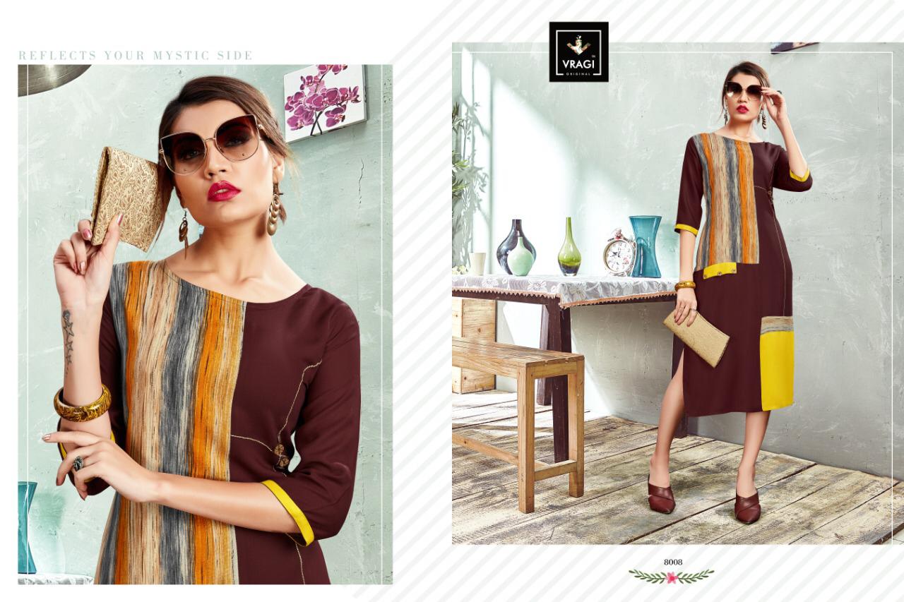 Queen By Vragi 8001 To 8008 Series Beautiful Colorful Stylish Fancy Casual Wear & Ethnic Wear & Ready To Wear Heavy Rayon Printed Kurtis At Wholesale Price