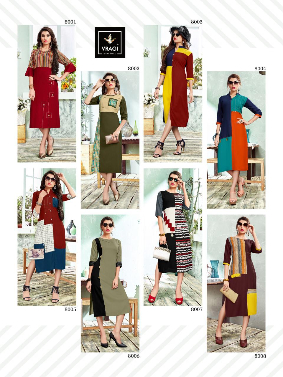 Queen By Vragi 8001 To 8008 Series Beautiful Colorful Stylish Fancy Casual Wear & Ethnic Wear & Ready To Wear Heavy Rayon Printed Kurtis At Wholesale Price
