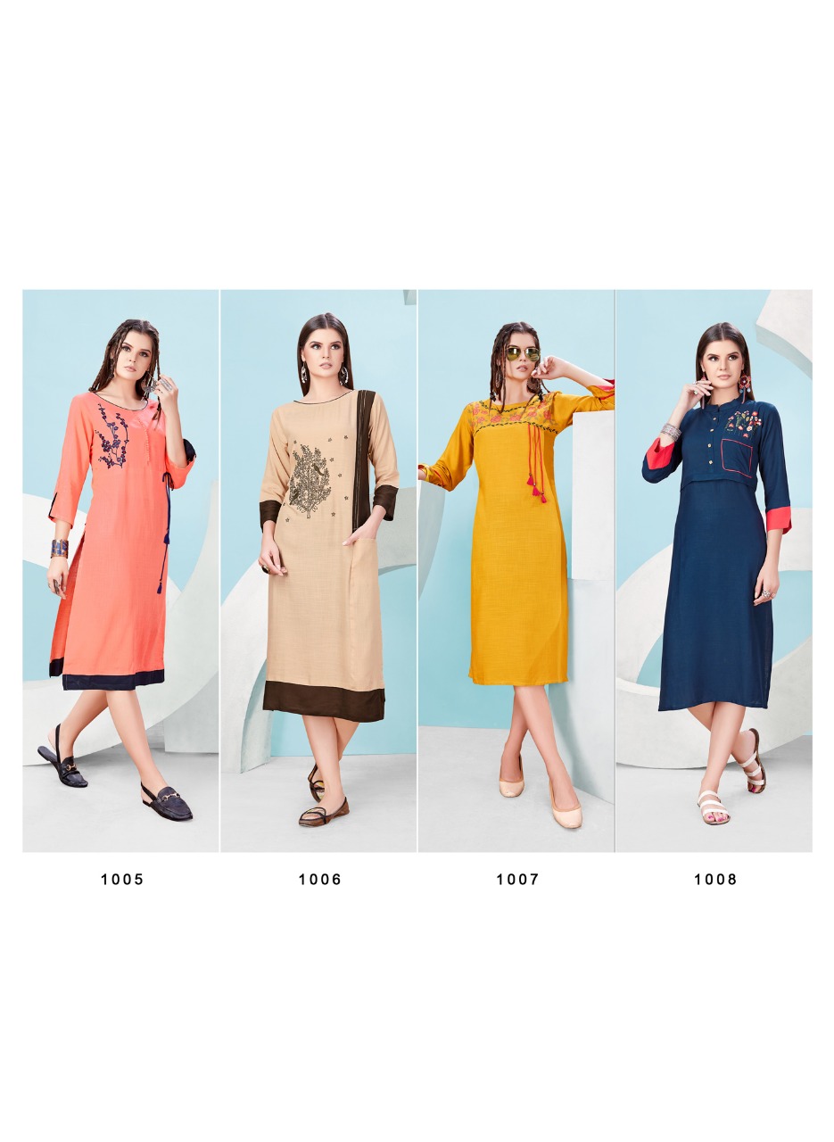 Raag By Shravya Fashion 1001 To 1008 Series Beautiful Stylish Colorful Fancy Party Wear & Ethnic Wear & Ready To Wear Rayon Slub Embroidered Kurtis At Wholesale Price
