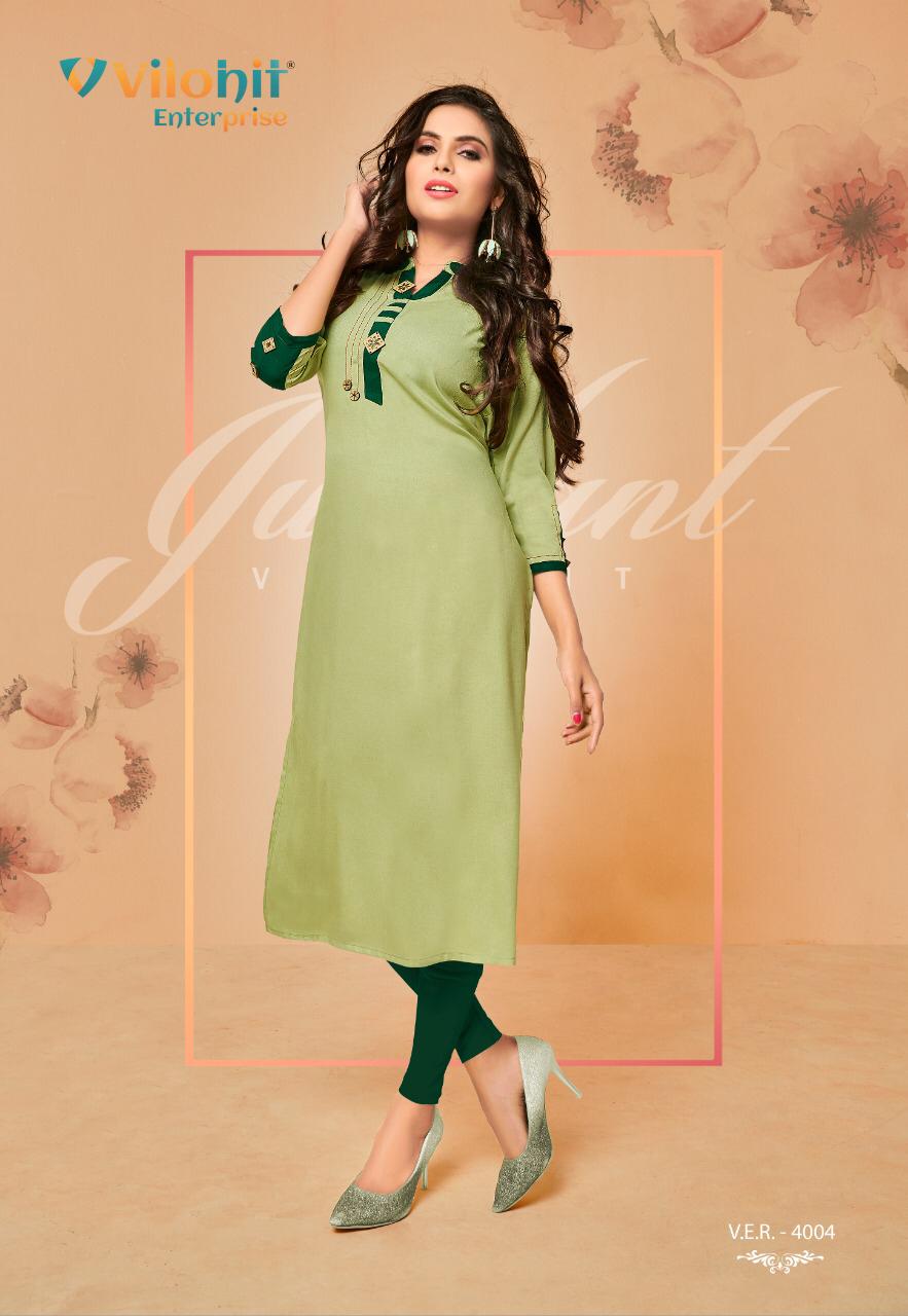 Radha Vol-4 By Vilohit Enterprise 4001 To 4007 Series Beautiful Stylish Colorful Fancy Party Wear & Ethnic Wear & Ready To Wear Heavy Rayon Embroidered Kurtis At Wholesale Price