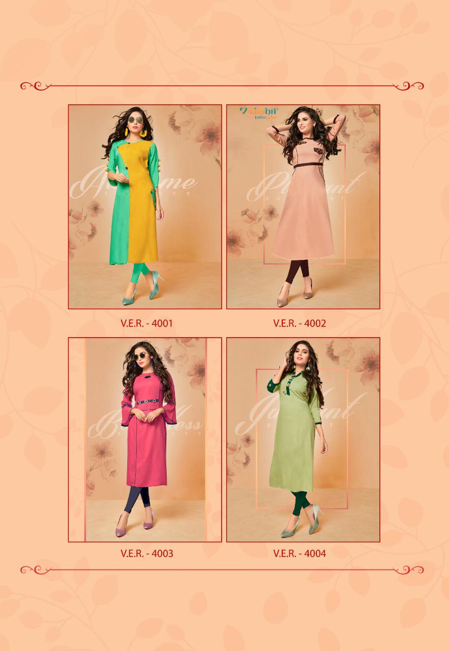 Radha Vol-4 By Vilohit Enterprise 4001 To 4007 Series Beautiful Stylish Colorful Fancy Party Wear & Ethnic Wear & Ready To Wear Heavy Rayon Embroidered Kurtis At Wholesale Price