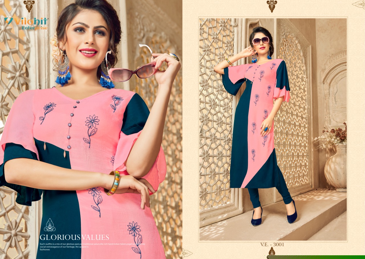 Radha Vol-3 By Vilohit Enterprise 3001 To 3007 Series Beautiful Stylish Colorful Fancy Party Wear & Ethnic Wear & Ready To Wear Heavy Rayon Embroidered Kurtis At Wholesale Price