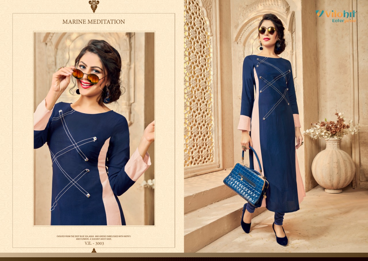 Radha Vol-3 By Vilohit Enterprise 3001 To 3007 Series Beautiful Stylish Colorful Fancy Party Wear & Ethnic Wear & Ready To Wear Heavy Rayon Embroidered Kurtis At Wholesale Price