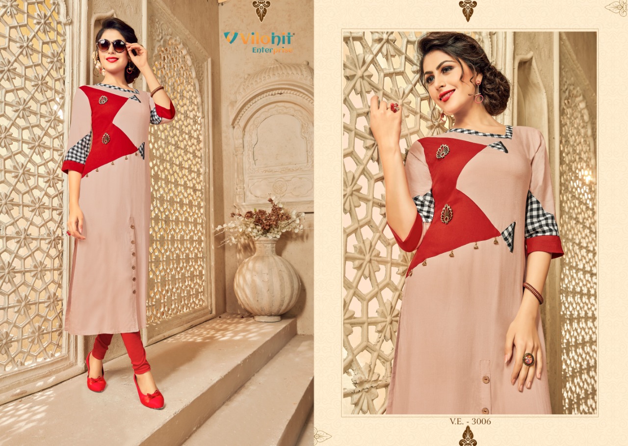 Radha Vol-3 By Vilohit Enterprise 3001 To 3007 Series Beautiful Stylish Colorful Fancy Party Wear & Ethnic Wear & Ready To Wear Heavy Rayon Embroidered Kurtis At Wholesale Price