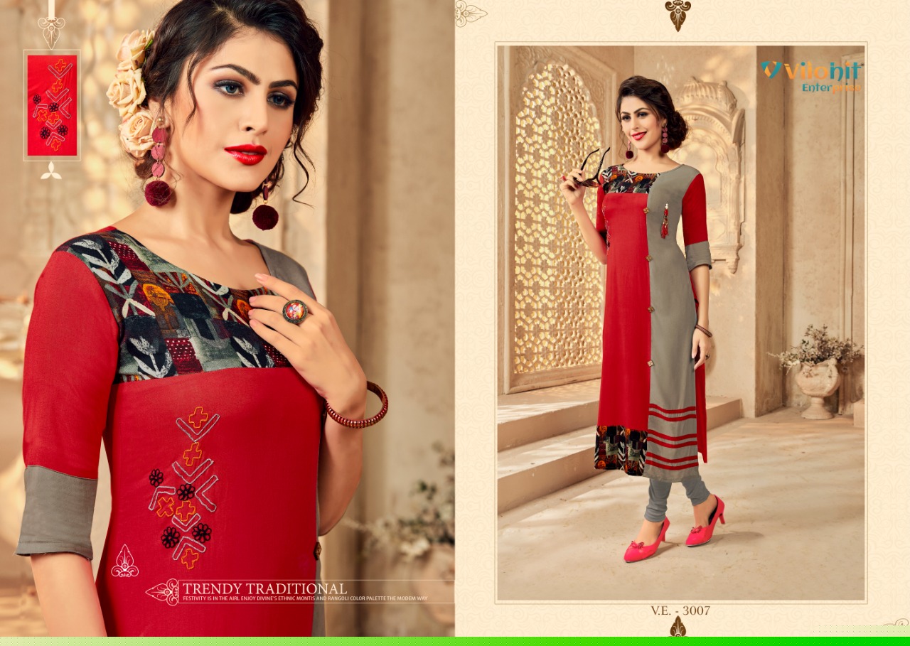 Radha Vol-3 By Vilohit Enterprise 3001 To 3007 Series Beautiful Stylish Colorful Fancy Party Wear & Ethnic Wear & Ready To Wear Heavy Rayon Embroidered Kurtis At Wholesale Price