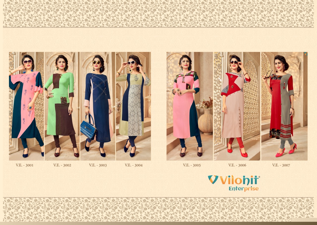 Radha Vol-3 By Vilohit Enterprise 3001 To 3007 Series Beautiful Stylish Colorful Fancy Party Wear & Ethnic Wear & Ready To Wear Heavy Rayon Embroidered Kurtis At Wholesale Price