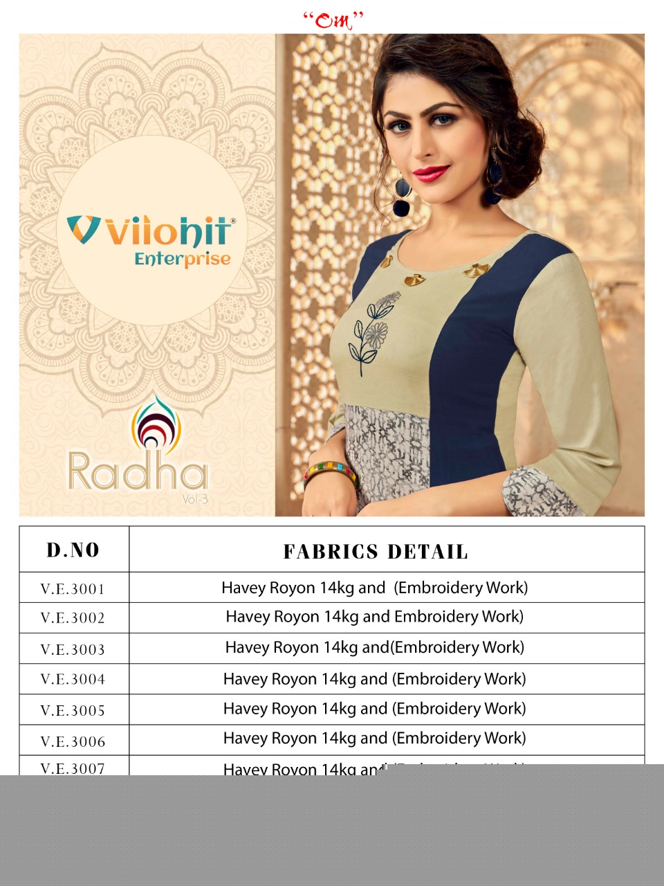 Radha Vol-3 By Vilohit Enterprise 3001 To 3007 Series Beautiful Stylish Colorful Fancy Party Wear & Ethnic Wear & Ready To Wear Heavy Rayon Embroidered Kurtis At Wholesale Price