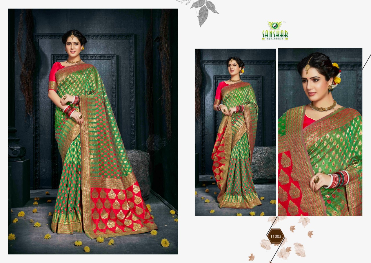 Radhika By Sanskar Tex Prints 11001 To 11010 Series Indian Traditional Wear Collection Beautiful Stylish Fancy Colorful Party Wear & Occasional Wear Banarasi Silk With Blouse Sarees At Wholesale Price