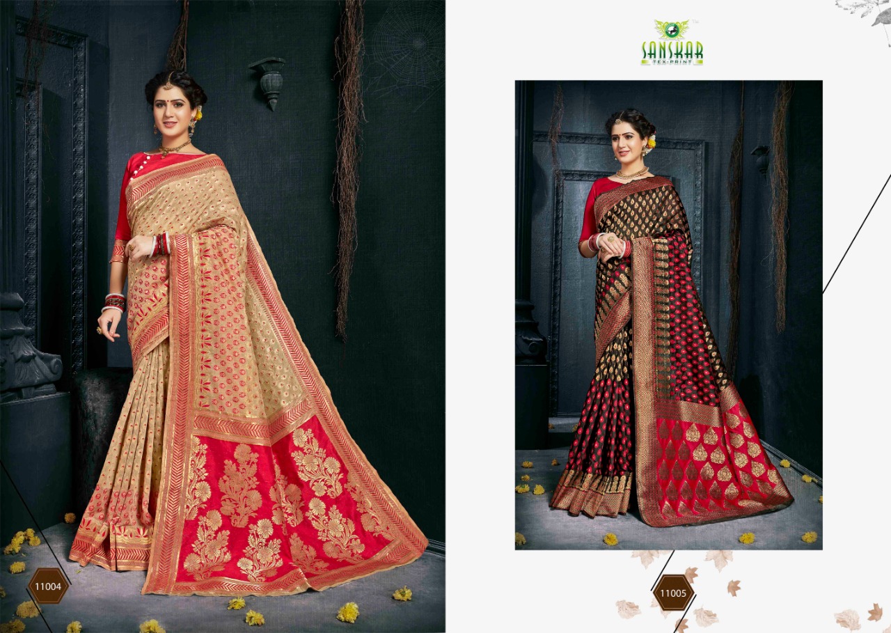Radhika By Sanskar Tex Prints 11001 To 11010 Series Indian Traditional Wear Collection Beautiful Stylish Fancy Colorful Party Wear & Occasional Wear Banarasi Silk With Blouse Sarees At Wholesale Price