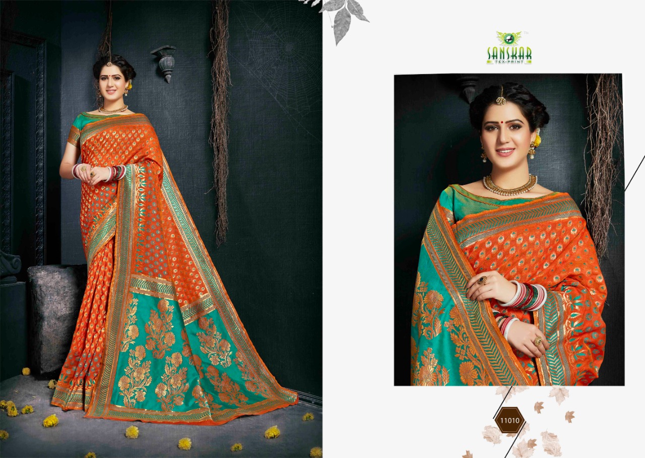 Radhika By Sanskar Tex Prints 11001 To 11010 Series Indian Traditional Wear Collection Beautiful Stylish Fancy Colorful Party Wear & Occasional Wear Banarasi Silk With Blouse Sarees At Wholesale Price