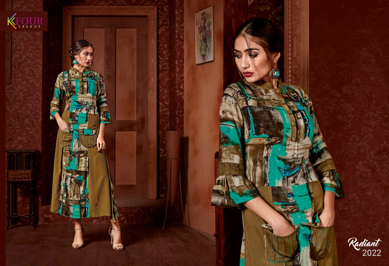 Radiant By Kfour Trends 2021 To 2026 Series Beautiful Colorful Stylish Fancy Casual Wear & Ethnic Wear & Ready To Wear Rayon Printed Kurtis At Wholesale Price
