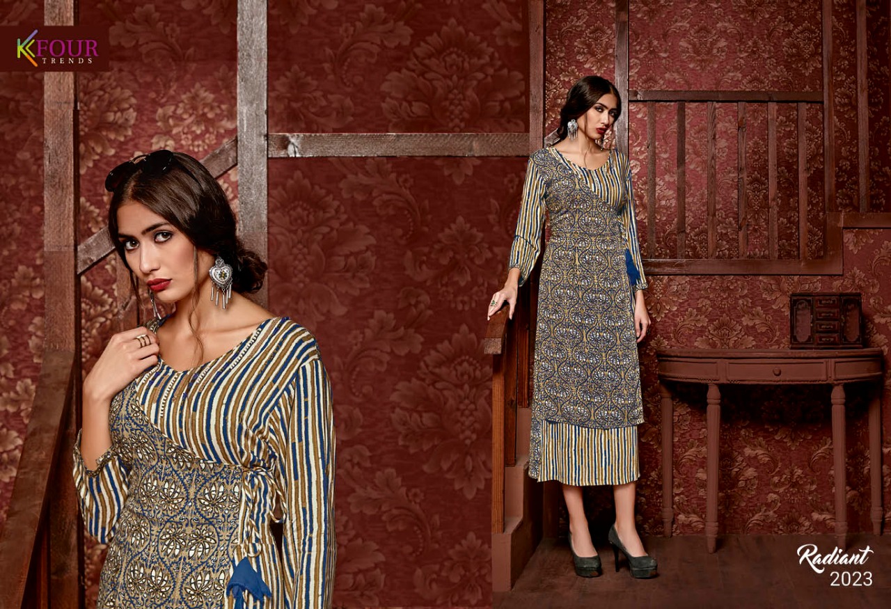 Radiant By Kfour Trends 2021 To 2026 Series Beautiful Colorful Stylish Fancy Casual Wear & Ethnic Wear & Ready To Wear Rayon Printed Kurtis At Wholesale Price
