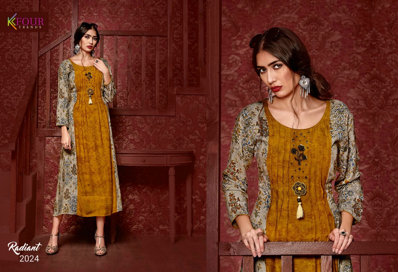 Radiant By Kfour Trends 2021 To 2026 Series Beautiful Colorful Stylish Fancy Casual Wear & Ethnic Wear & Ready To Wear Rayon Printed Kurtis At Wholesale Price